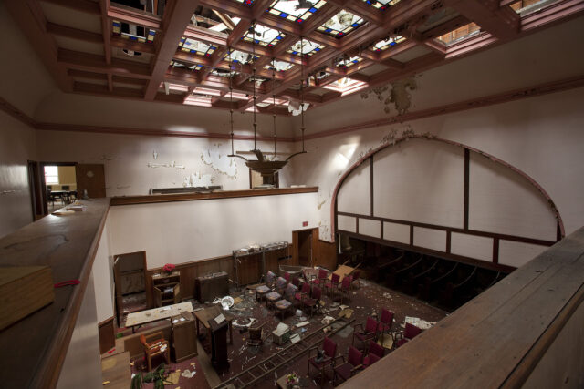 Debris scattered across a church floor