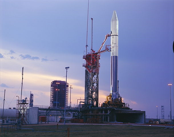 A pre-launch view of Pioneer-10 (or F) spacecraft encapsulated and mated with an Atlas-Centaur launch vehicle in preparation for its mission to Jupiter.