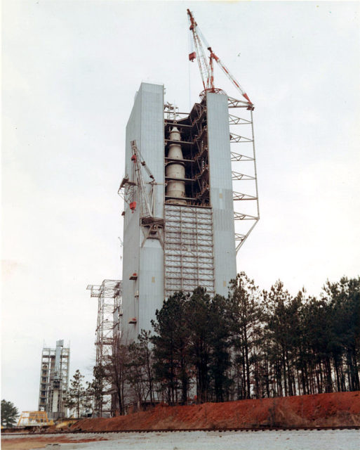 Saturn V Dynamic Test Vehicle assembled for Configuration I testing in Dynamic Test Stand.