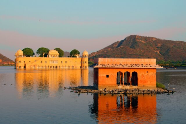 View of the Jal Mahal and another structure from across the water