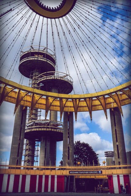 Three Astro-View observation towers, as seen through the open roof of the Tent of Tomorrow