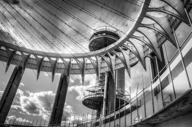 Astro-View observation towers, as seen through the open roof of the Tent of Tomorrow