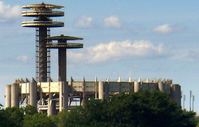 New York State Pavilion, as seen through trees
