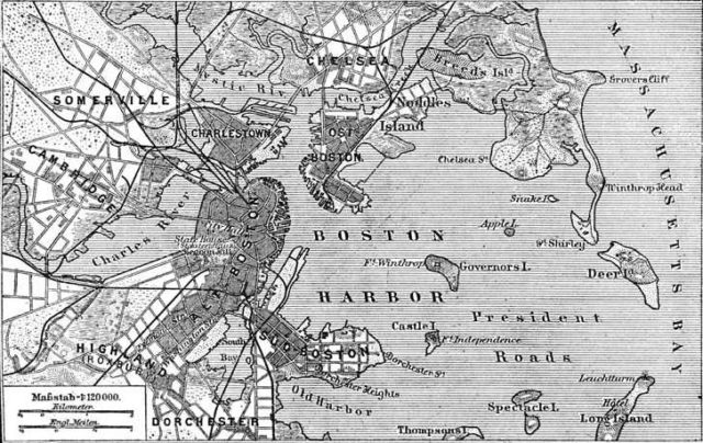 1888 German map of Boston Harbor showing Long Island in the lower right hand corner. It marks a lighthouse (“Leuchtturm”) and hotel on the island.