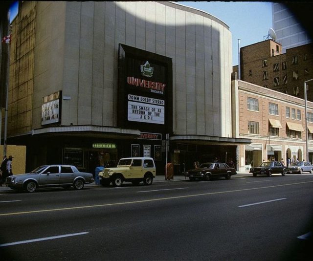 Return of the Jedi showing at the University Theatre, with the marquee stating “The Smash of 83”. Author: Ellis Wiley. CC BY 2.0