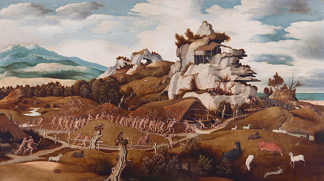 Landscape with an episode from the Conquest of America by the Dutch painter Jan Mostaert (c. 1475 – 1555/1556), probably his artistic expression of Coronado’s attack of Hawikuh in 1540, with Mount Taylor in the background