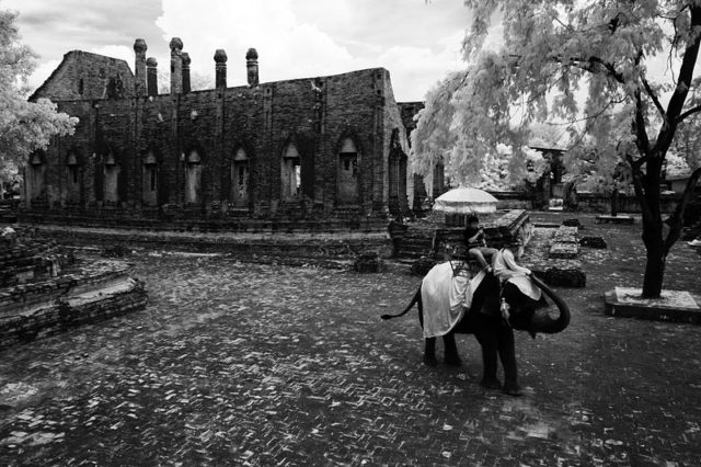 A man riding an elephant with the monastery in the background. Author: Meepoohfoto CC BY-SA 3.0