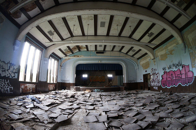 The empty school stage. Author: Cory Seamer CC BY 2.0