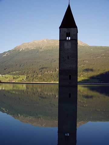 The bell tower is the only remainder of the town of Graun