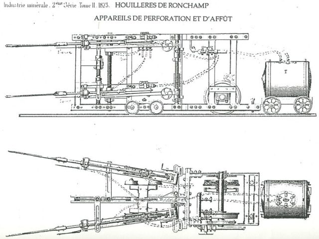 Pneumatic Boring Machine schematics. Author: Unknown – Industrie minérale. 2ème série, Tome II