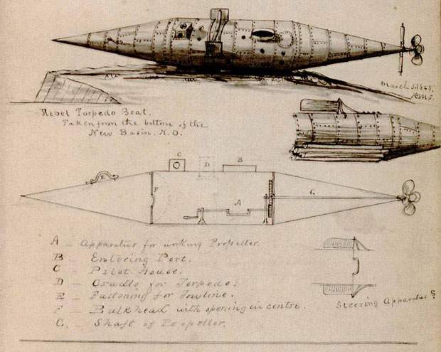 The Confederate submarine Pioneer – by Ensign David M. Stauffer of the Mississippi Squadron, 1865.  Author: David M. Stauffer Public Domain