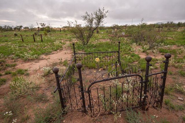 Fence around a grave in a field.