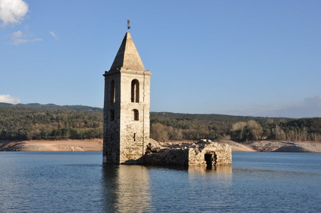 Sant Romà de Sau church poking out of the water