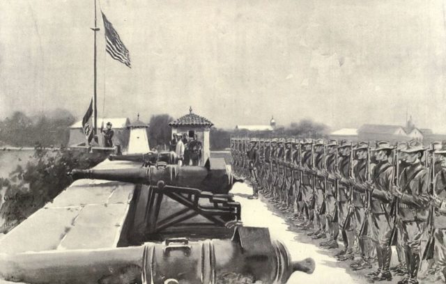 The raising of the American Flag. Author: G.W. Peters