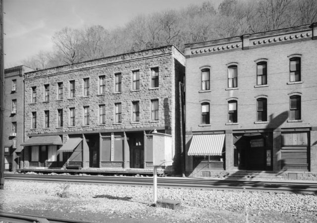 Thurmond, West Virginia, commercial district buildings along railroad tracks.