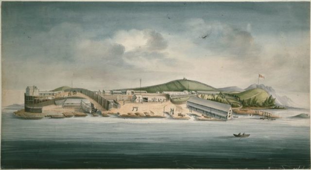 A painting of Macquarie Harbour Penal Station. Author: State Library of New South Wales – CC BY-SA 3.0 au
