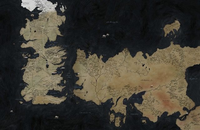 A map of the fantasy world with major locations marked. Sothoryos is not included in this map