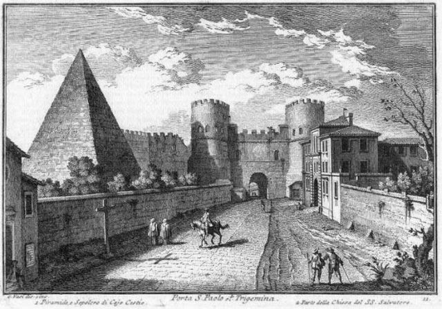 Old engraving of the pyramid and Porta San Paolo.