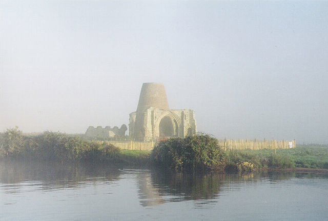 The gatehouse of the abbey and the remains of the windmill built later