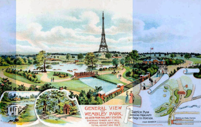 An artist’s impression of Wembley Park, showing Watkin’s Tower as the central feature.
