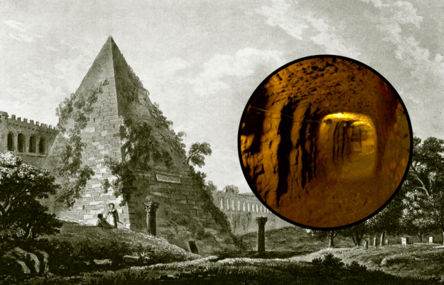 Illustration of a pyramid with a photo of a stone tunnel on top.