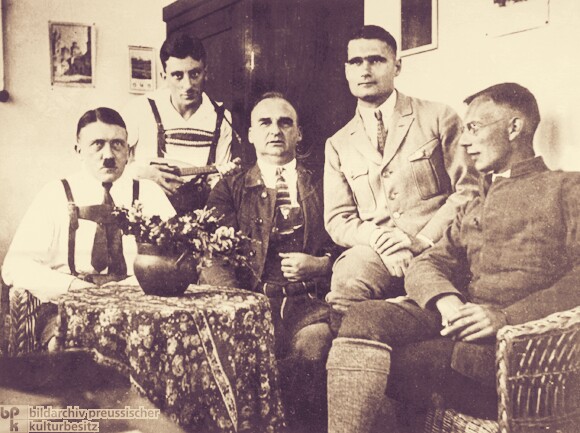 Adolf Hitler, Emil Maurice, Hermann Kriebel, Rudolf Hess and Friedrich Weber at the Landsberg prison in 1924, arrested for a treason as a result of the failed Beer Hall Putsch, also known as the Munich Putsch.