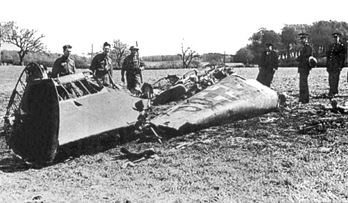 The wreckage of Hess’s Messerschmitt Bf 110, the aircraft that he piloted to Scotland.