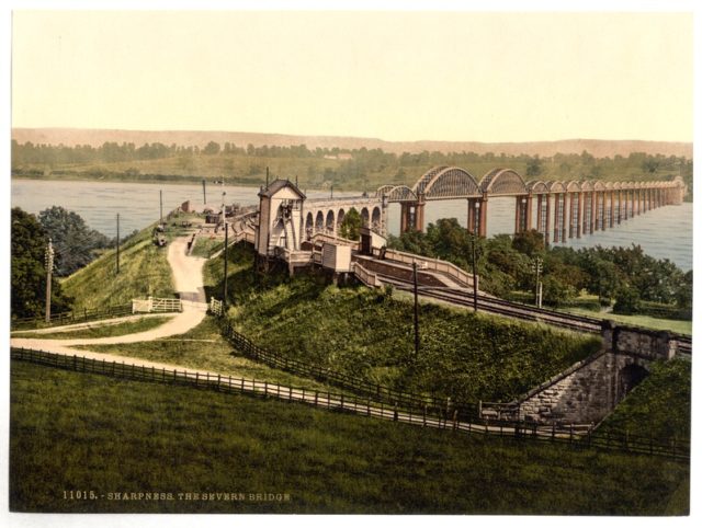 A postcard depicting the Severn Railway Bridge, looking from Sharpness, England.