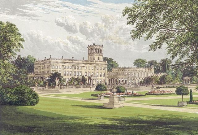 Trentham Hall and the original Italian Gardens c.1880. The Grand Entrance at the center of the building is dwarfed by the 100-foot clock tower behind it (also still standing) and the vast three-story wings.