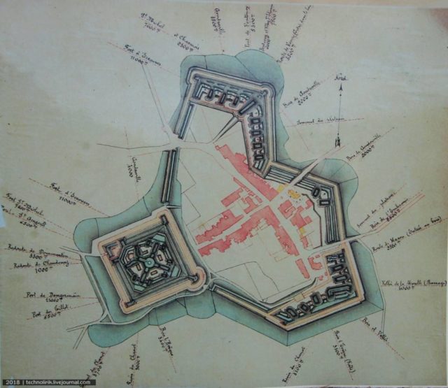 Diagram of Fort de Villey-le-Sec. In red are village houses.