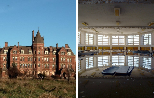 The exterior of Hudson River State Hospital beside a photo of an abandoned, flooded room.