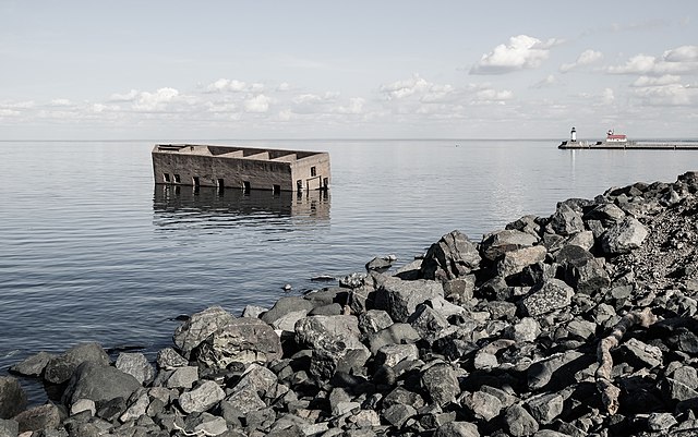 Uncle Harvey's Mausoleum off the rocky shore of Duluth, Minnesota
