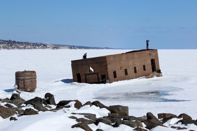 Uncle Harvey's Mausoleum sitting in the middle of a frozen Lake Superior