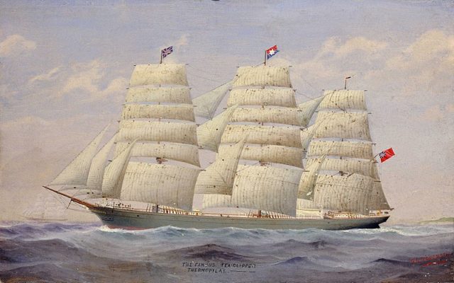 The Famous Tea Clipper Thermopylae by F. I. Sorensen. She is shown broadside-on in full sail flying the house flag of the Aberdeen White Star Line.