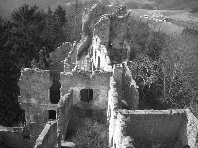 Ariel view of the ruined Prandegg Castle