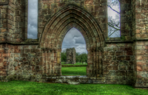 Stone door in ruins.