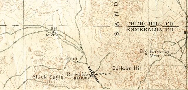 Detail from 1:250000 USGS map of Rawhide, then located in Esmeralda County, Nevada in 1910.