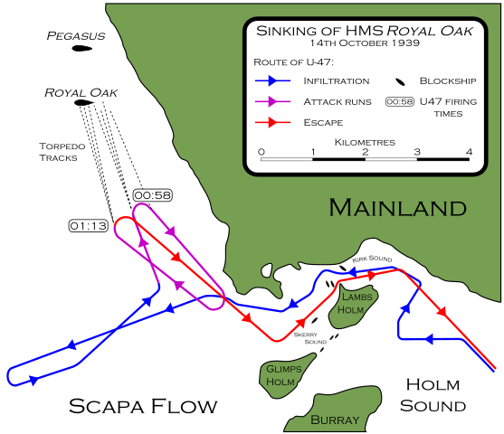 Map showing the route of U-47 infiltrating the defences of Scapa Flow. Author: BillC CC BY-SA 3.0