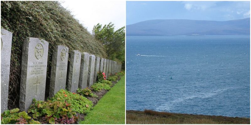 Left: Headstones for some of the crew of Royal Oak, Des Colhoun CC BY-SA 2.0. Right: Scapa Flow from Gaitnip cliffs, showing the wreck site of HMS Royal Oak marked by a green buoy, BillC CC BY-SA 3.0