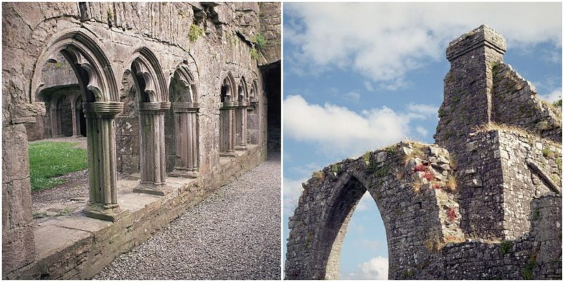 Left: The interior of the abbey, Roman Liscenko CC BY-SA 4.0 Right: One of the ruined buildings, Rob Hurson CC BY-SA 4.0