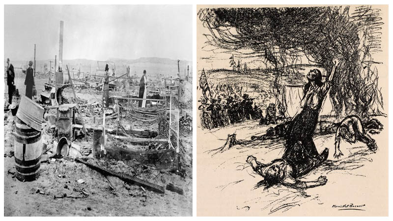 Left: The camp after the attack. Author: Bain News Service Right: A sketch of the massacre. Author: Morris Hall Pancoast