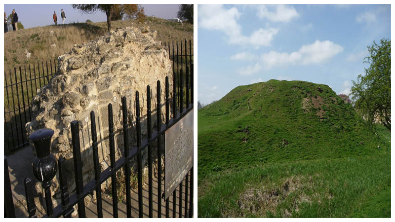 Left: The only remaining piece of masonry from the castle. Author: Kokai CC BY-SA 2.0 Right: The site of the motte and bailey castle Author: Iain Simpson CC BY-SA 2.0