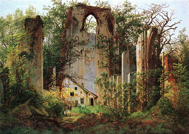 Ruined Monastery of Eldena near Greifswald by Caspar David Friedrich (1824/1825) has figures to show the huge scale of the building