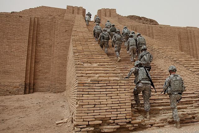 U.S. Soldiers from 17th Fires Brigade make their way up the Ziggurat of Ur, Iraq – Public Domain