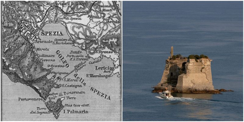 Left: A map of the Gulf of La Spezia from the late 19th century. Right: Battle damage. Author: Alessandro - CC BY 2.0