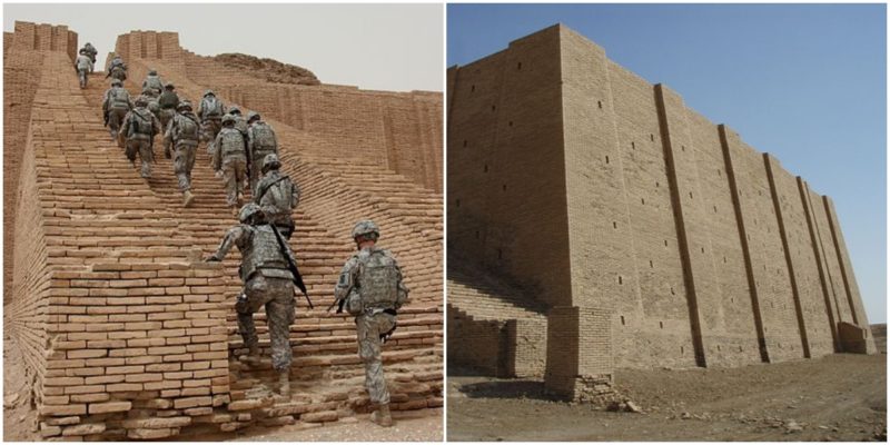 Left: U.S. Soldiers from 17th Fires Brigade make their way up the Ziggurat of Ur, Iraq. Right: Impressive side view. Kaufingdude - CC BY-SA 3.0