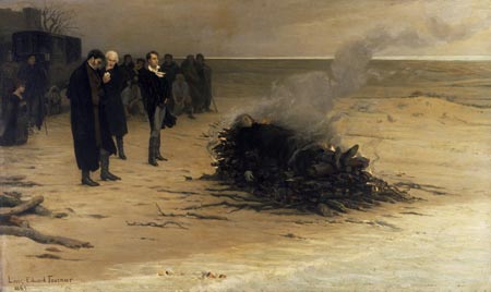 The Funeral of Shelley by Louis Édouard Fournier (1889). Pictured in the centre are, from left, Trelawny, Hunt, and Byron. Actually, Hunt did not watch the cremation, and Byron left early. Mary Shelley, who is pictured kneeling at left, did not attend the funeral according to customs at the time