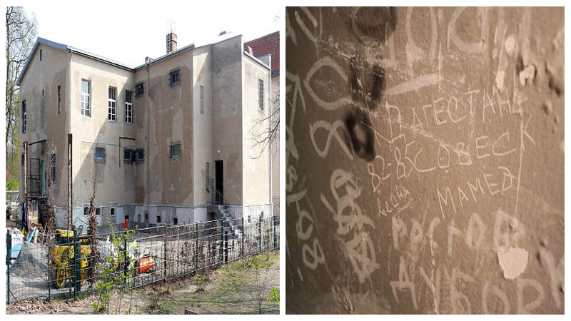 Left: The back of the prison. Author: Haplochromis - CC BY-SA 3.0. Right: A message on the wall. Author: Andreas Bohnenstengel - CC BY-SA 3.0 de