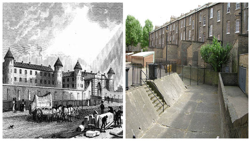 Left: Engraving of the prison, Image By: Thomas Hosmer Shepherd - Public Domain Right: The prison ditch, Photo By: GrindtXX - 
CC BY-SA 3.0