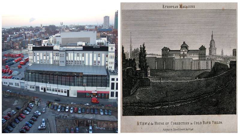 Left: Where the prison once stood. Author: Edward Betts - Public Domain / Right: Engraving of the prison. Author: Wellcome Collection gallery CC BY 4.0